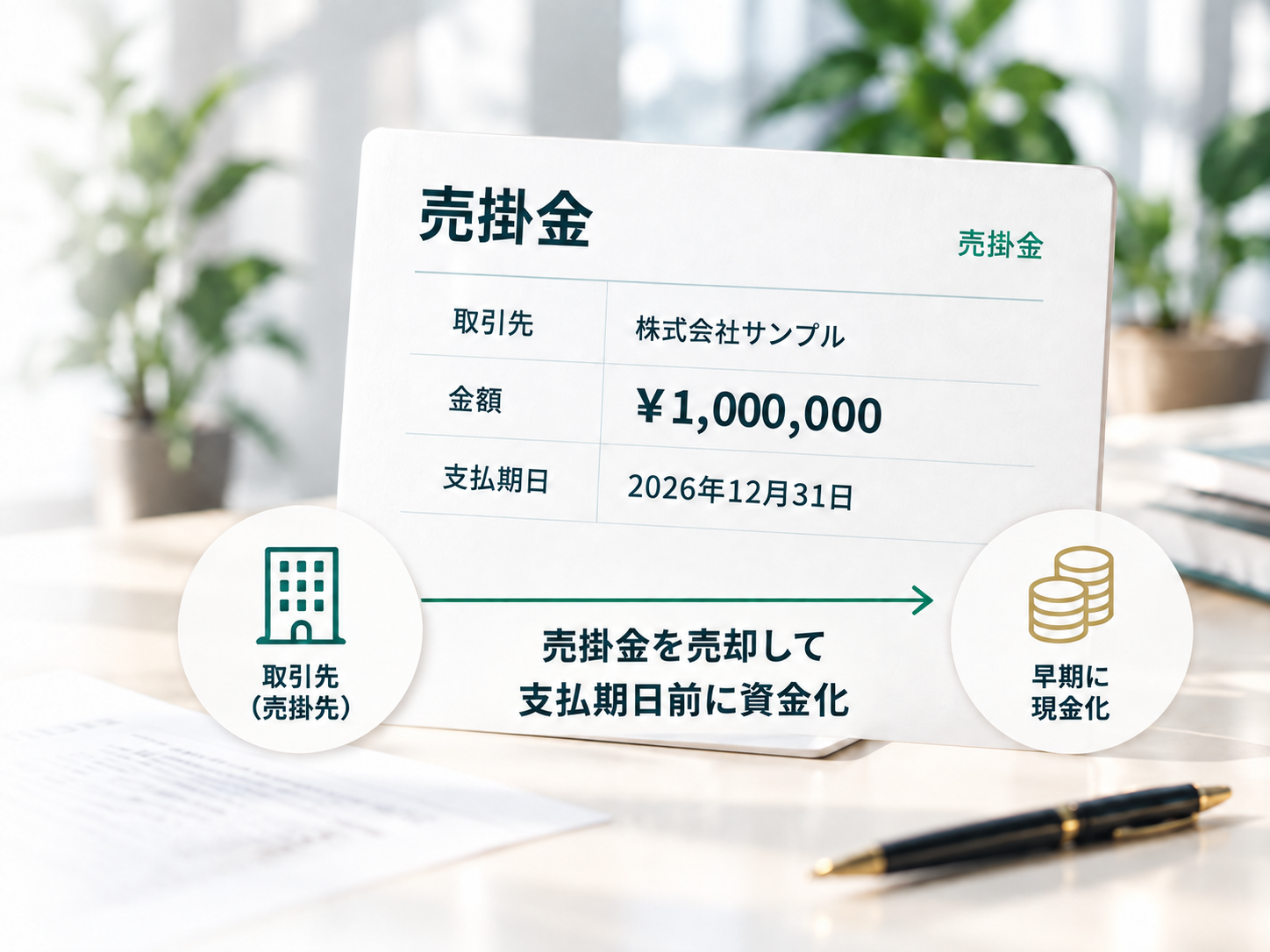 売掛金を売却して支払期日前に資金化する流れ。取引先の売掛金から早期に現金化するイメージ